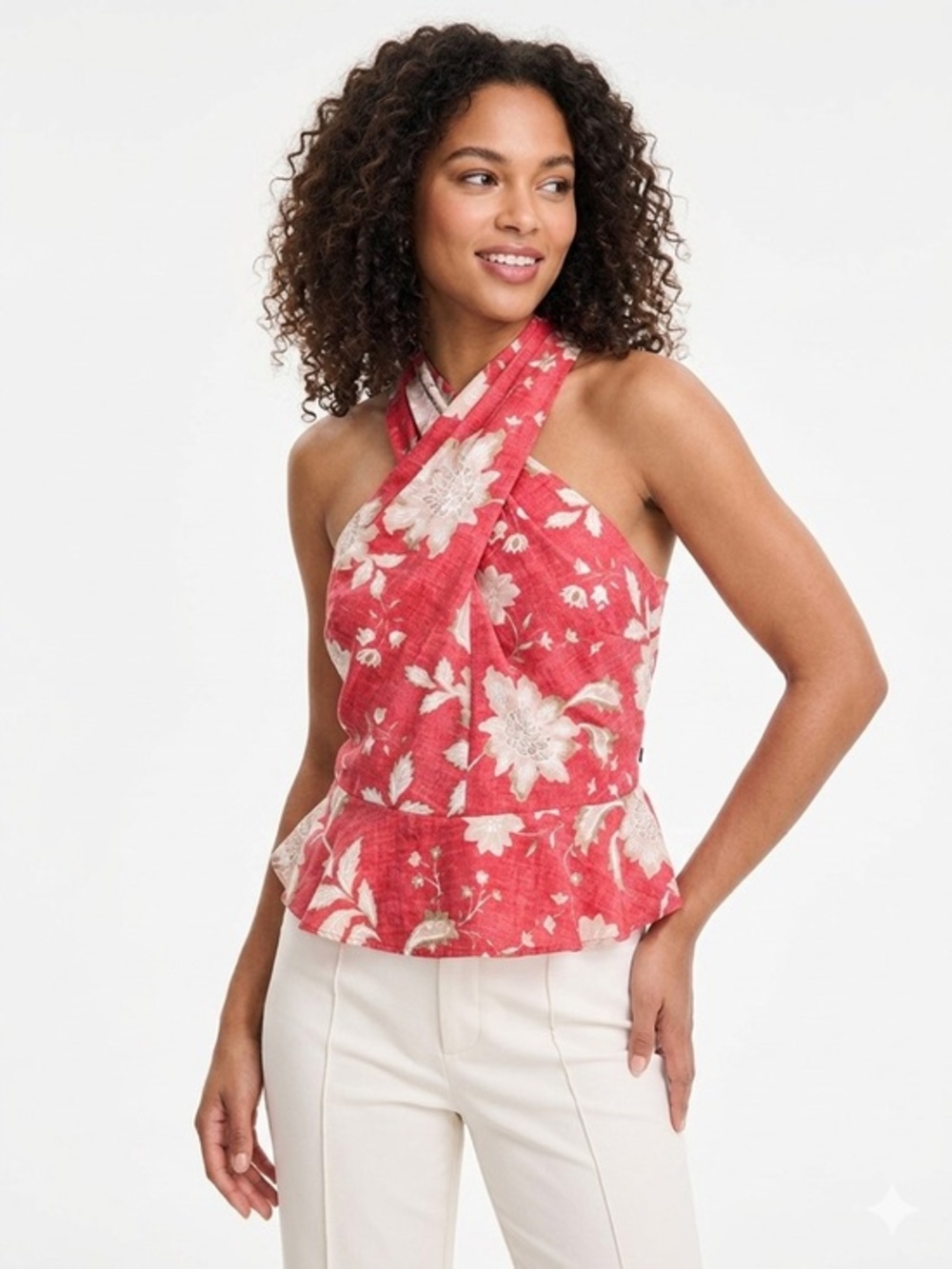 Tommy Hilfiger Coral-Red Floral Cross Halter Peplum Camisole